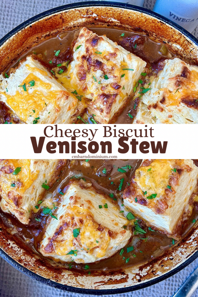 a pot of meat stew with cheese biscuits on top