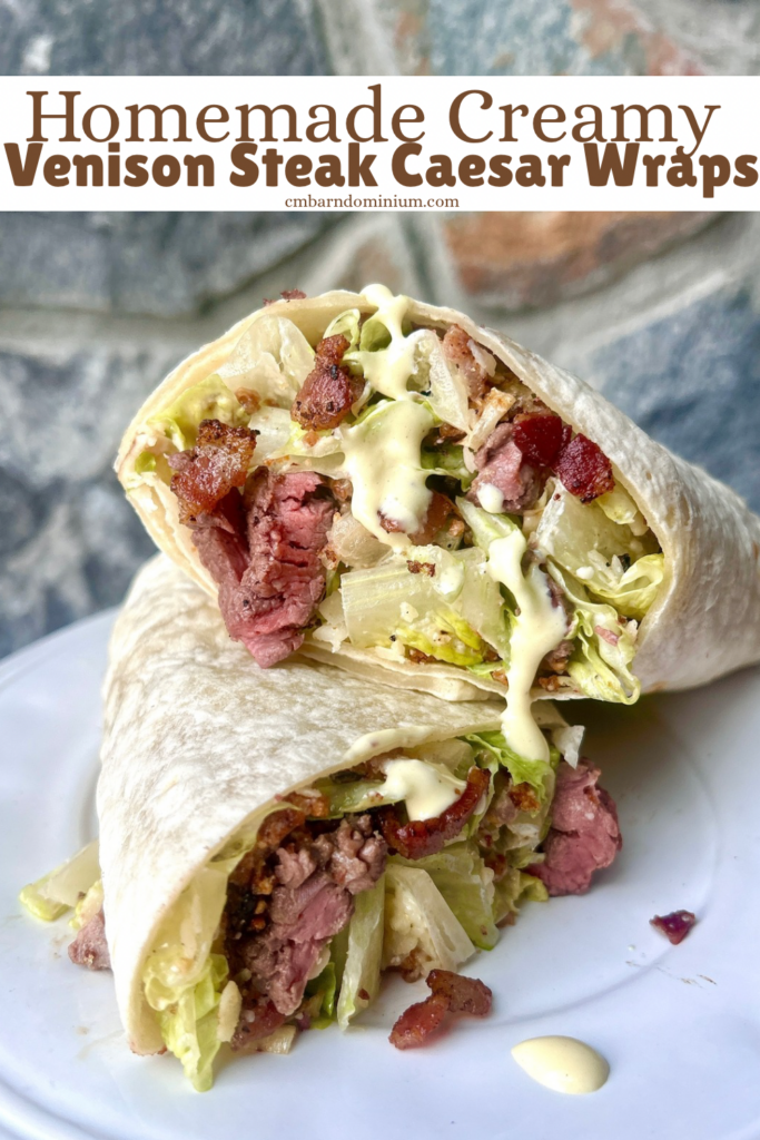 a white plate with a caesar salad wrap with steak cut in half