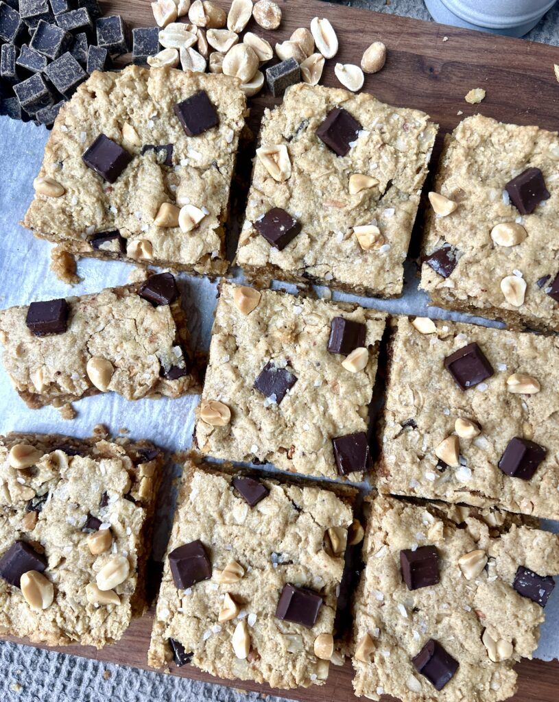 peanut butter and chocolate cookie cut into squares 