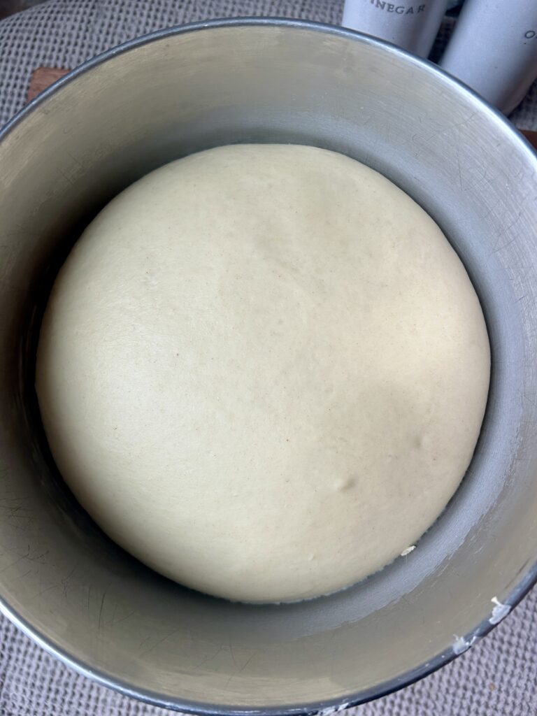 a bowl of risen bread dough