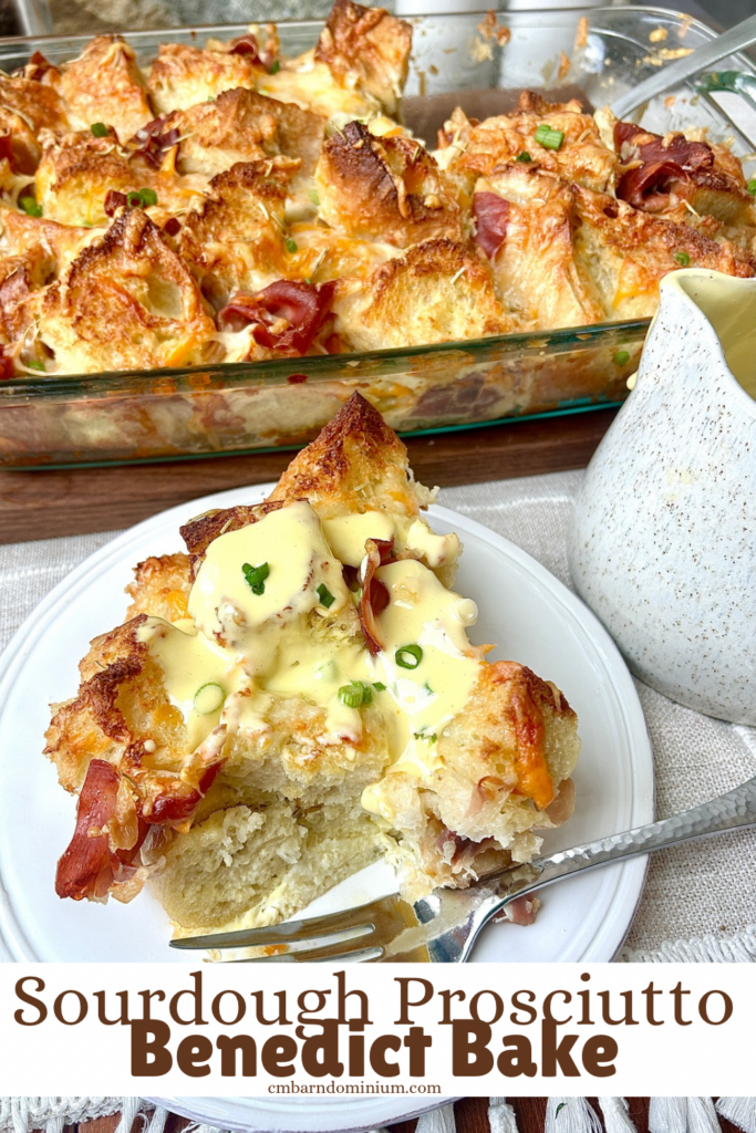 a what plate with a bread and prosciutto bake topped with hollandaise sauce