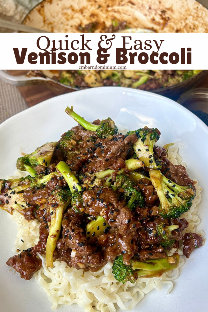 a white bowl of noodles with venison meat and broccoli 
