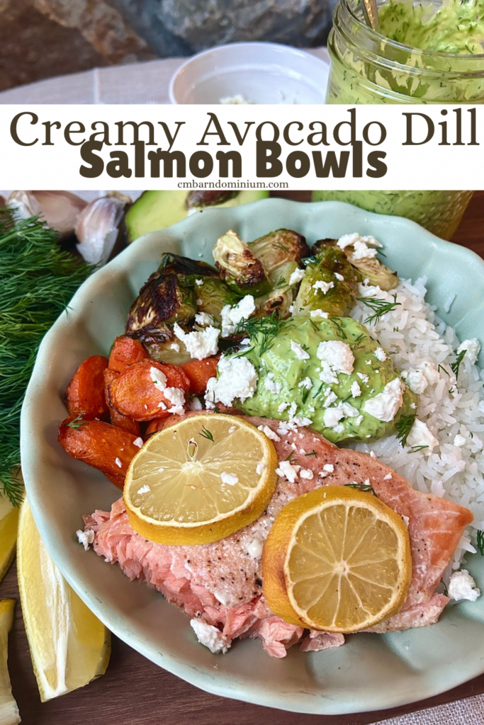 a teen bowls of rice, roasted vegetables and salmon with a creamy green sauce