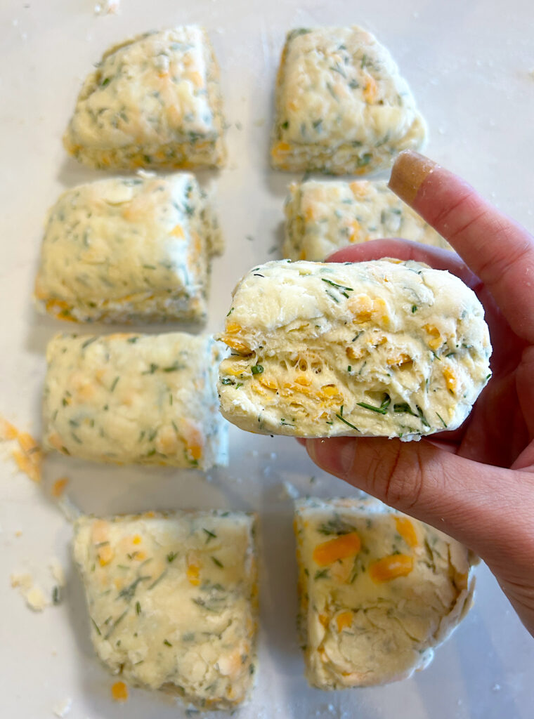 unbaked biscuit with cheddar cheese and dill