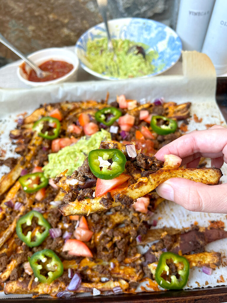 French fry nachos with jalapeños and ground meat