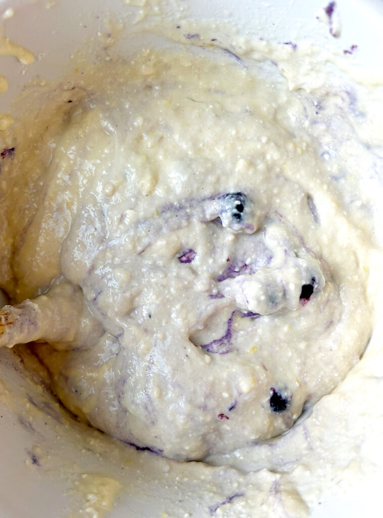 a bowl of blueberry pancake batter