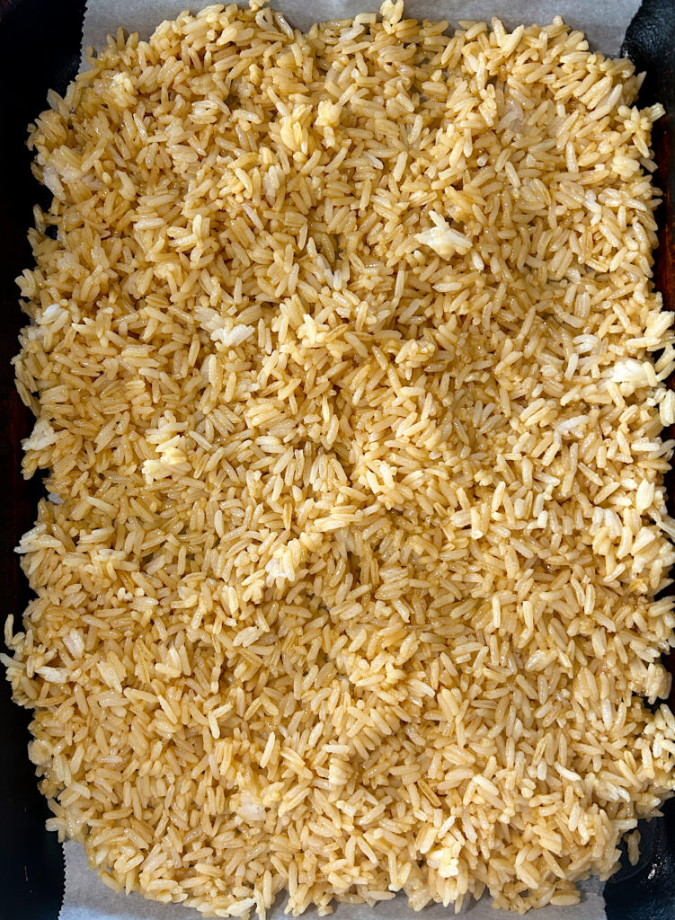 a sheet pan with soy rice 