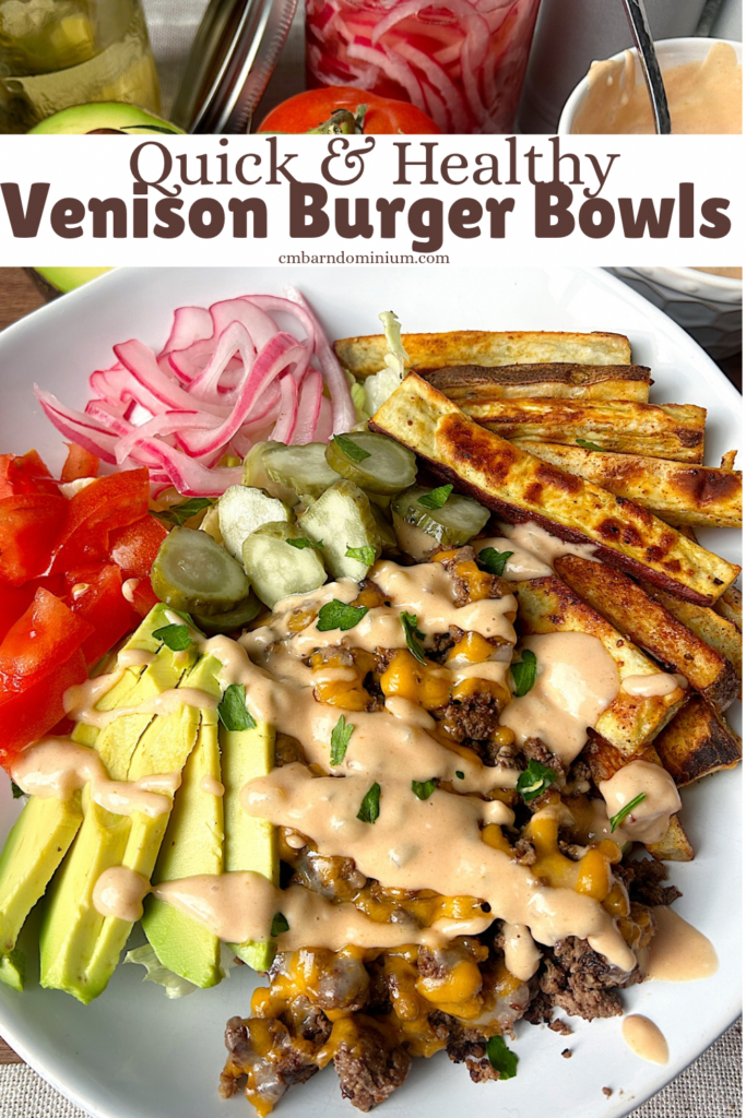 a white bowl with homemade fries, ground meat, cheese, avocado, pickles and burger sauce