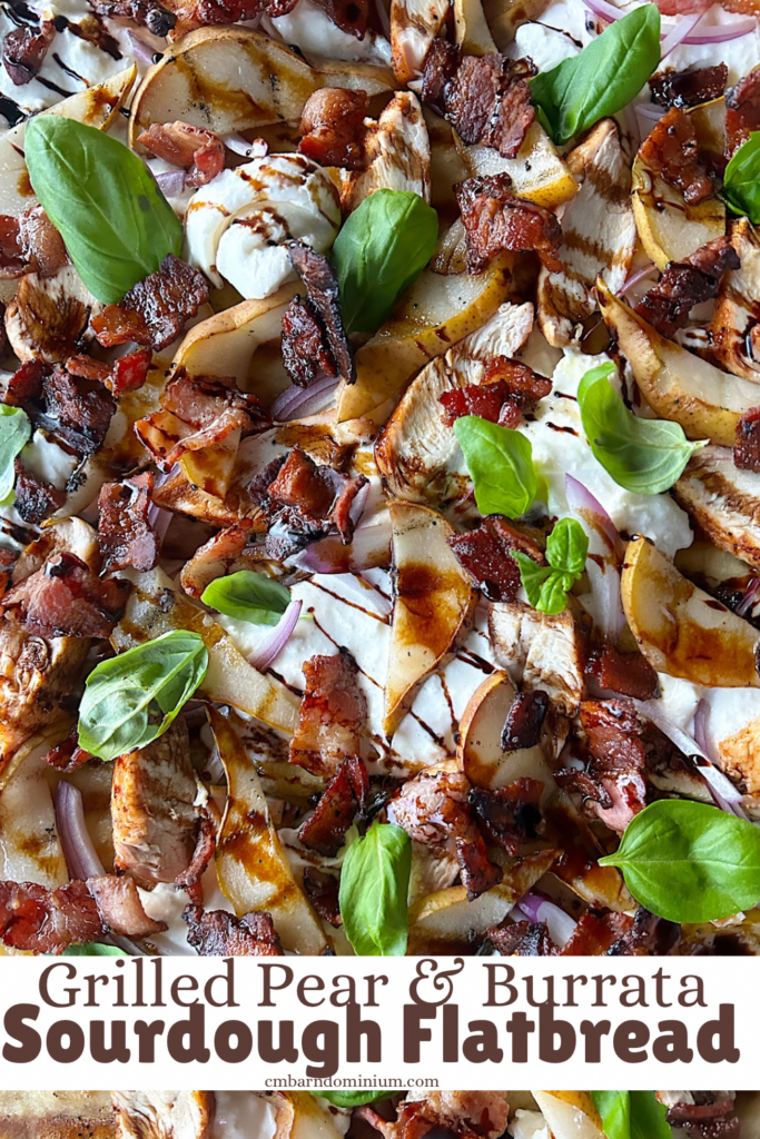 flatbreads with burrata cheese, bacon, pear and basil