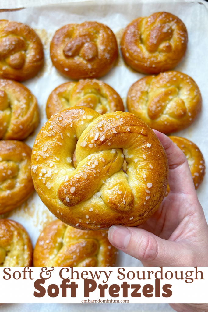a golden brown soft pretzel with flaky salt on it