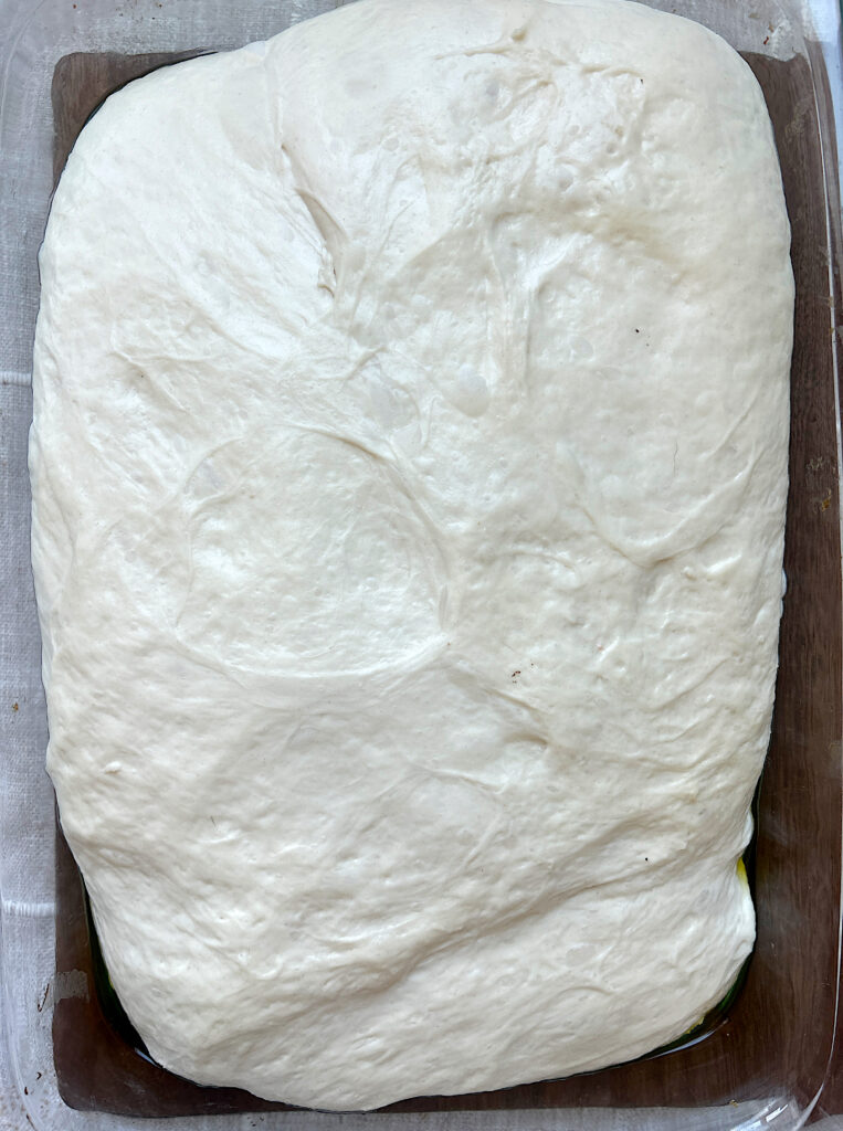 a baking dish of unbaked bread dough