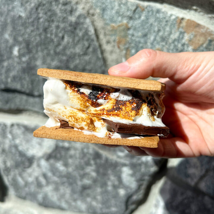 a s'more with homemade marshmallows toasted and homemade graham crackers
