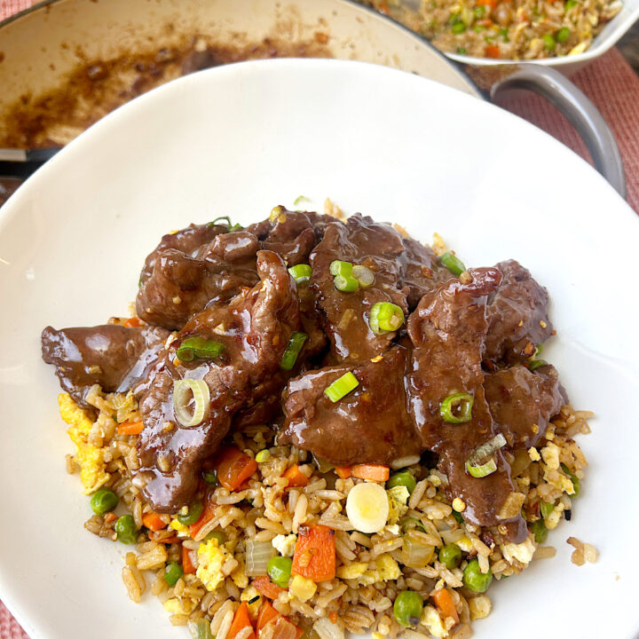 a white bowl of fried rice with venison stir fry on top