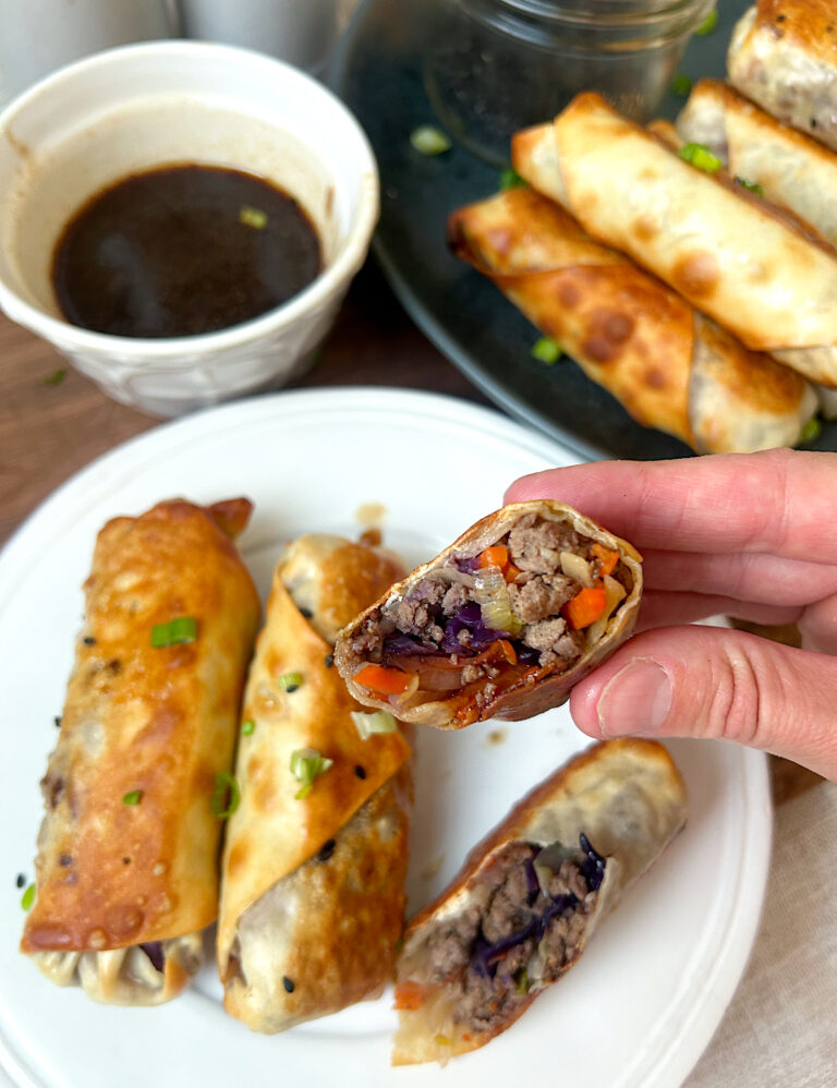 crispy golden egg rolls filled with venison and vegetables