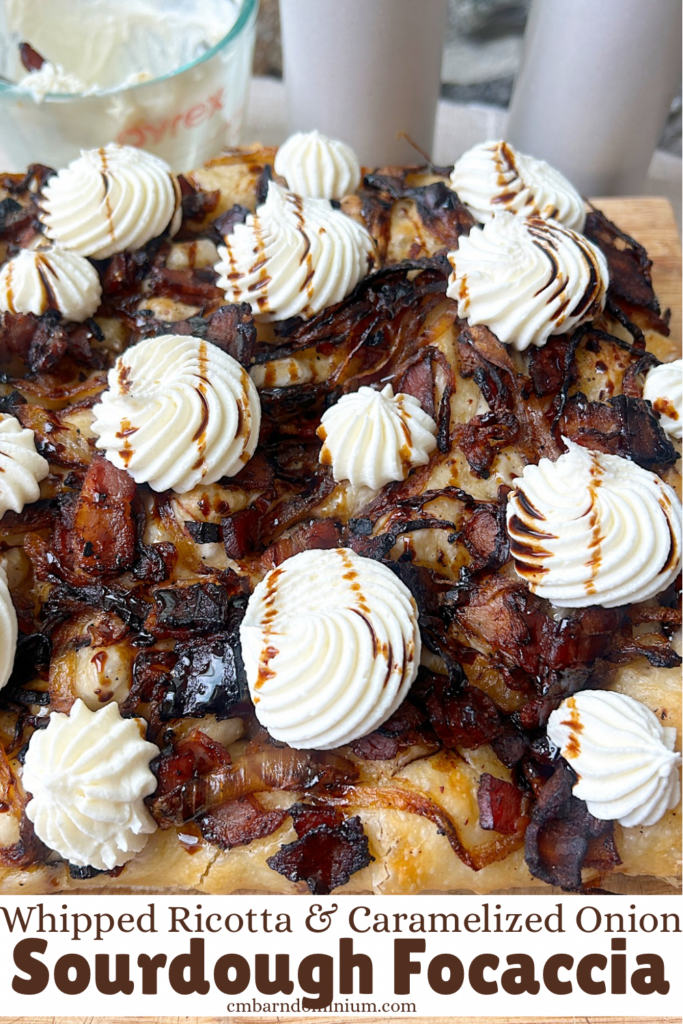 a focaccia bread topped with bacon, onions and dollops of ricotta cheese