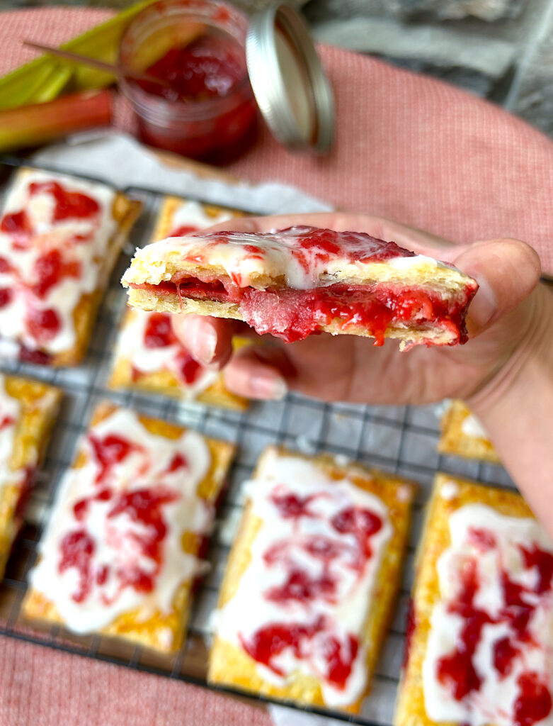 a homemade strawberry pop tart broken in half