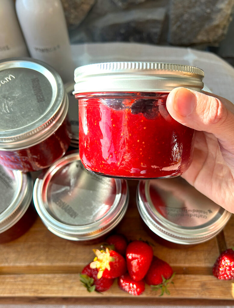 a jar of homemade no pectin strawberry jam