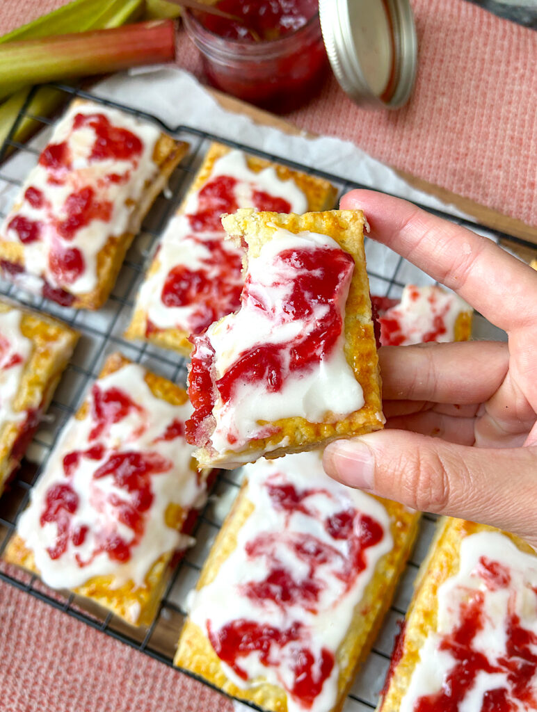a homemade strawberry pop tart broken in half