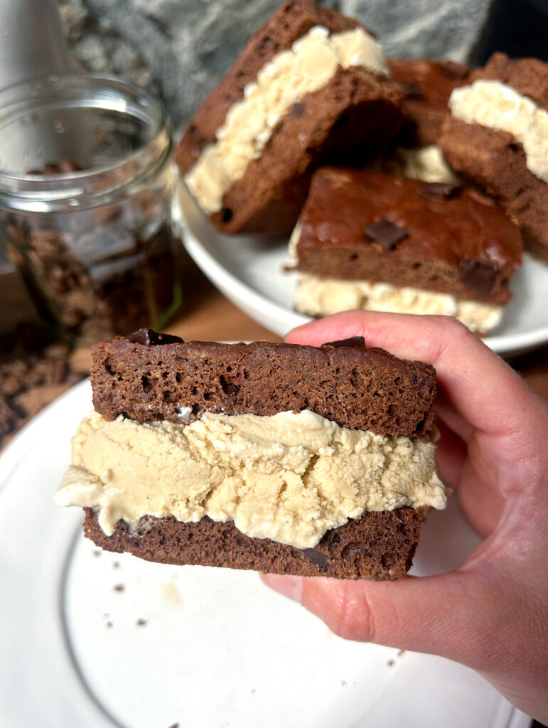an ice cream sandwich made with brownies and coffee ice cream