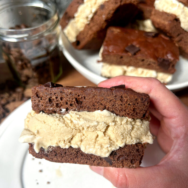 an ice cream sandwich made with brownies and coffee ice cream