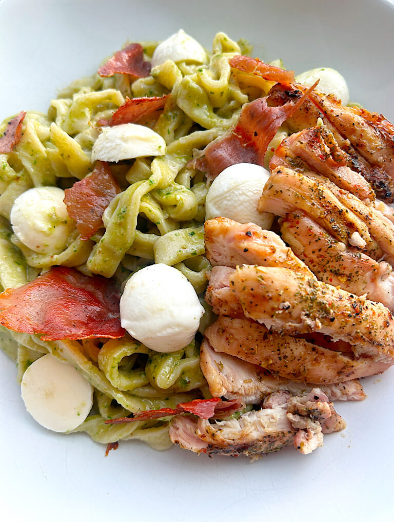 Arugula Pesto Pasta with Crispy Prosciutto & Bocconcini