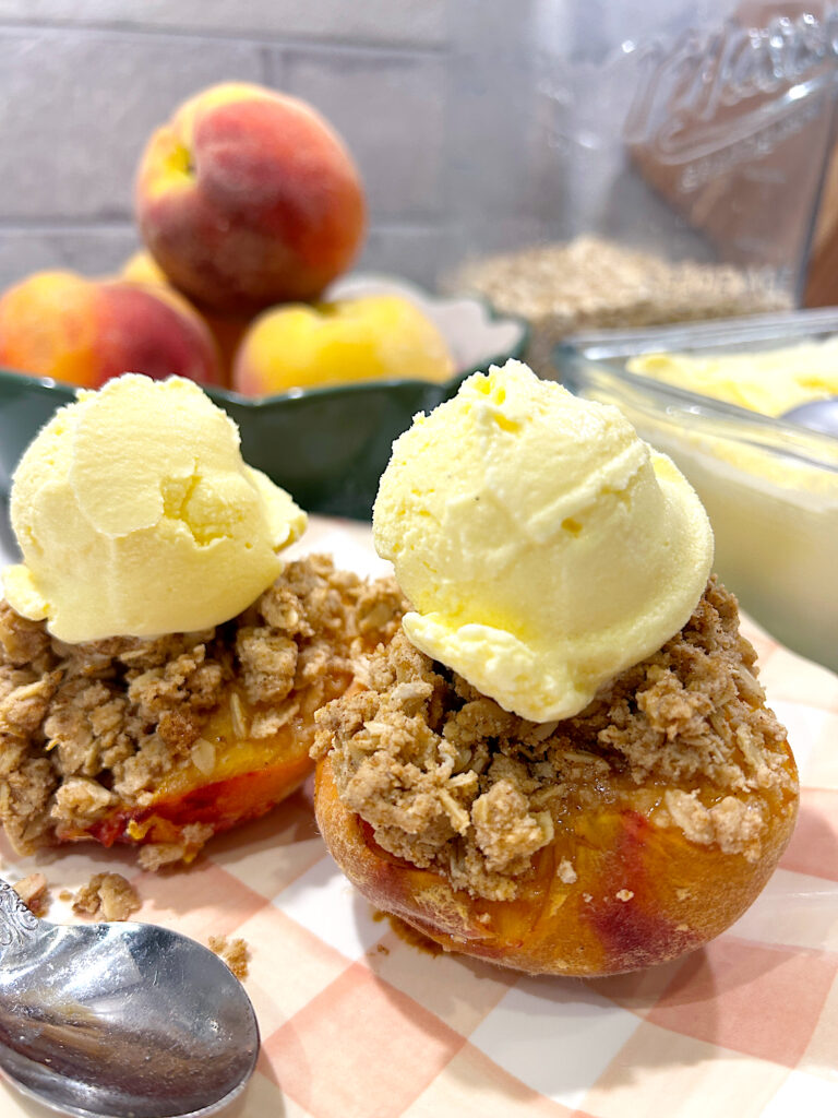 Baked Crumble Peaches with Honey Vanilla Ice Cream