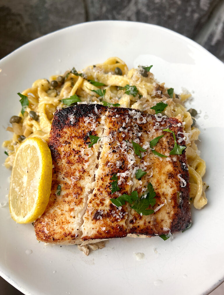 Lemon Caper Halibut Pasta