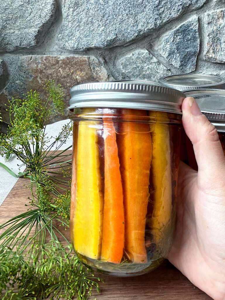 a hard of pickled carrot sticks