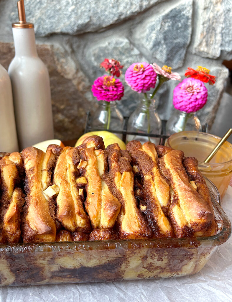 a loaf pan with pull apart bread