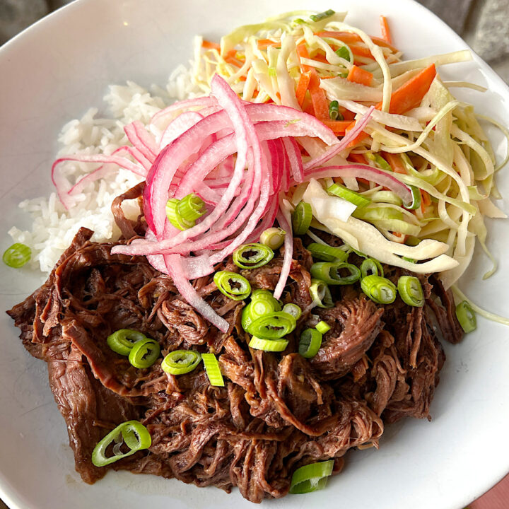shredded venison, creamy coleslaw and pickled red onions over a bed of rice in a white bowl
