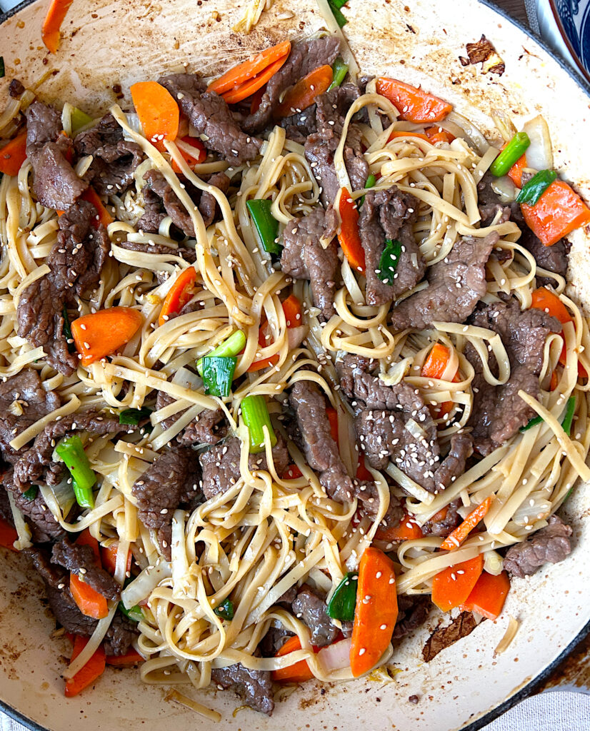 a skillet of homemade chow mien noodles with sliced venison