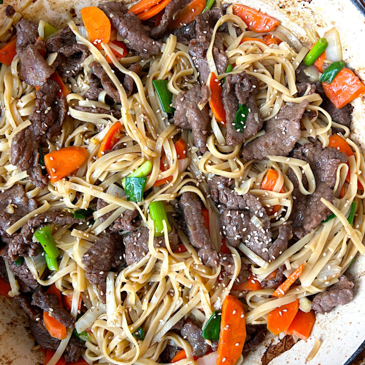 a skillet of homemade chow mien noodles with sliced venison