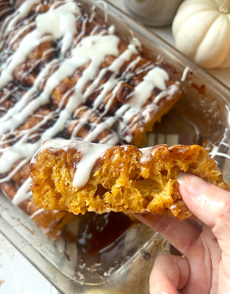 a slice of pumpkin focaccia bread with icing