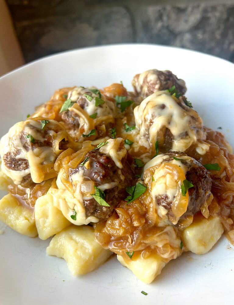 French Onion Venison Meatballs & Gnocchi