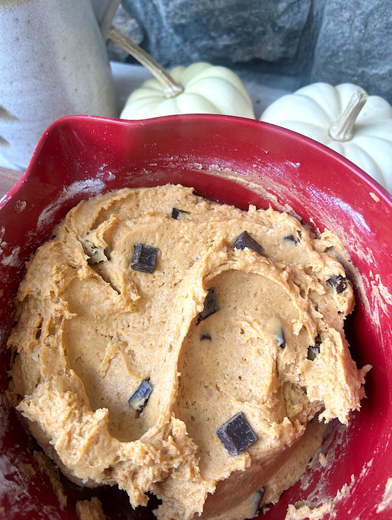 a red bowl of muffin batter with chocolate chunks